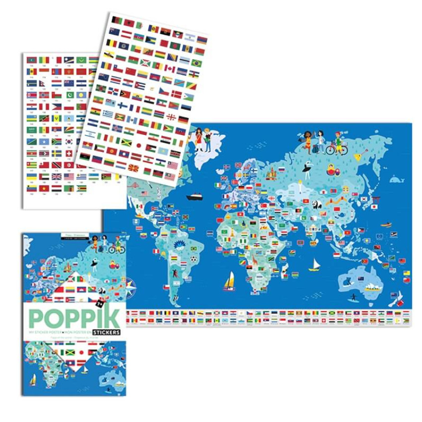 Flags of the World Sticker Book & World Map Poster Educational For Children 