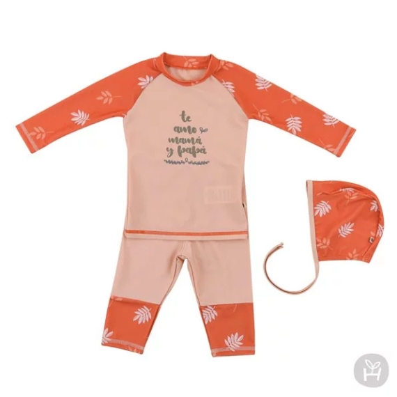 Kids Clara - Maar 粉橙色小葉圖妹嬰兒泳衣套裝(帽＋上衣＋褲)