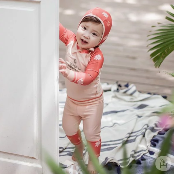 Kids Clara - Maar 粉橙色小葉圖妹嬰兒泳衣套裝(帽＋上衣＋褲)